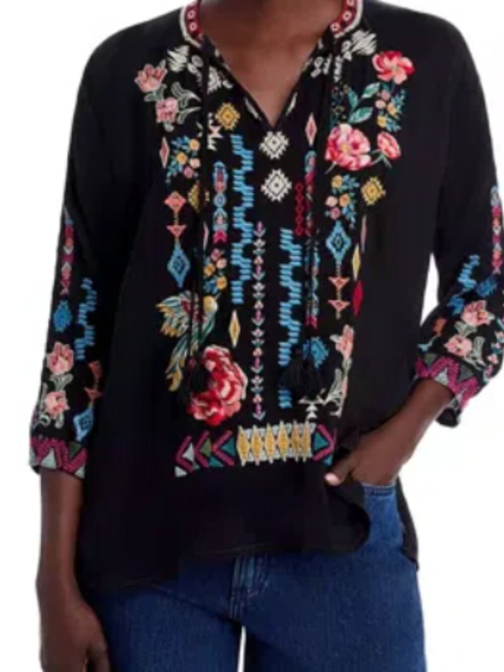 EUC M JOHNNY WAS Margot Black Embroidered blouse top